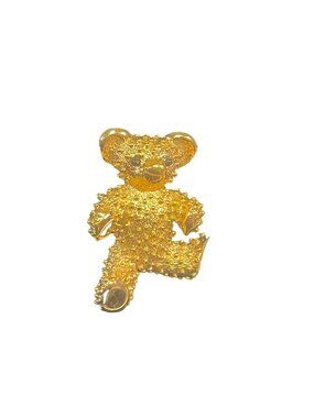 Golden Teddy Bear Brooch Pin Gold-Plated Textured Finish Black Rhinestone Eyes